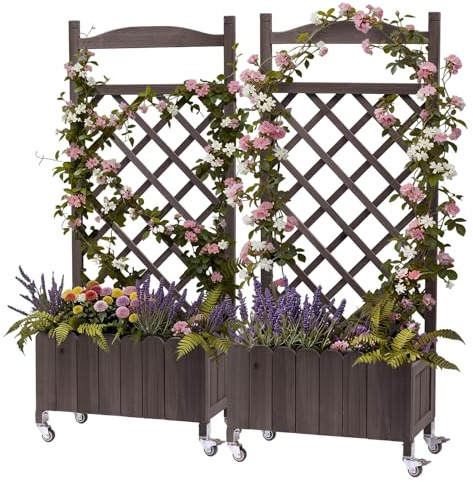 2-pack planteringslådor i trä med spaljé och hjul, upphöjd och väderbeständig med dräneringshål, för trädgård, balkong och terrass, 49 x 28 x 116 cm – Brun