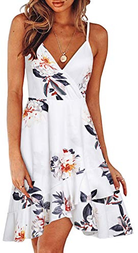 ULTRANICE Women's Summer Floral Wrap V Neck Sundress Adjustable Spaghetti Ruffle Swing Dress