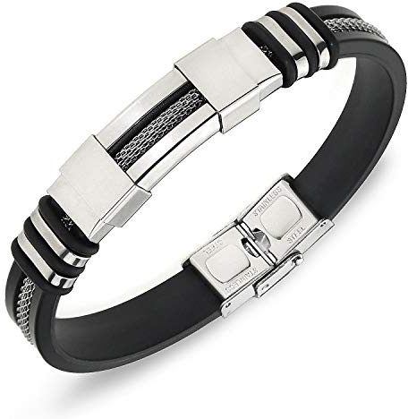 Suyi Bracciale Regolabile da Uomo Bracciale Avvolgente in Silicone Bracciale in Acciaio Inossidabile Silver