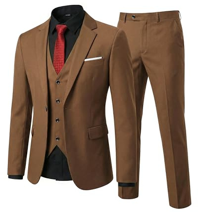 YND Men's Slim Fit 3 Piece Suit Set, One Button Solid Blazer Vest Pants with Tie, for Wedding Party Proms and Business, Khaki