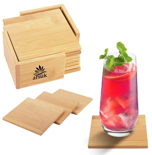 ARSUK Juego de Posavasos Redondos de bambú de Madera de rodajas Naturales de 6 Piezas con Soporte para el hogar y la Cocina, Bebidas frías, Tazas, Barra, Vidrio, Bebida Caliente