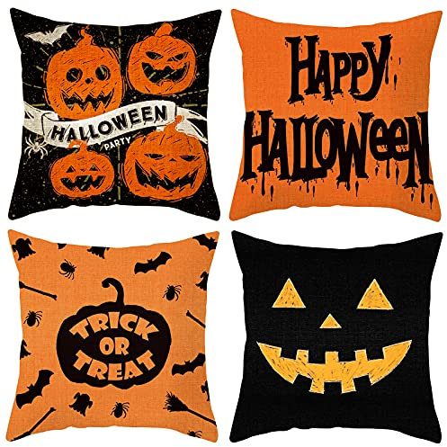 Bigqin Federa per cuscino di lino di Halloween 45 x 45 cm, set da 4 pezzi con Home, con chiusura lampo nascosta, cuscino per divano（Elementi Halloween Serie 1）