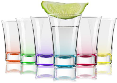 FLOW Barware Vasos de chupito | Juego de 6 vasos de chupito de base pesada de colores | Vasos de chupito de 25 ml / 50 ml | Juego de vasos de chupito apilables de colores para vodka, tequila