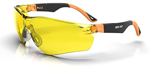 DEX FIT SG210 Lunettes de protection Z87, antibuée, anti-rayures, réglables, protection contre les UV et la lumière bleue, pour hommes et femmes (monture orange/noir, verre jaune)