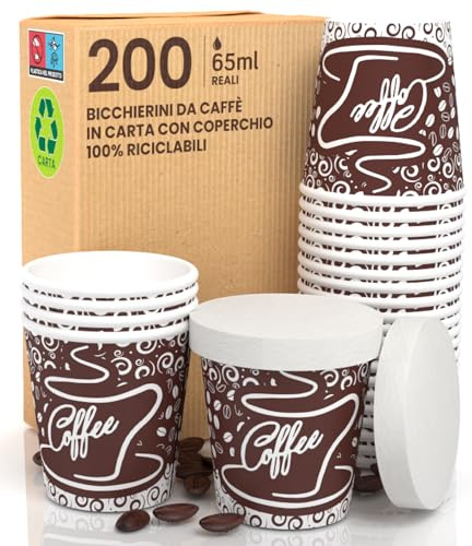 200 Bicchierini in Carta per Caffè 65ml ASPORTO BrownCUP con COPERCHIO in Carta Bicchieri Ecologici Biodegradabili Monouso Piccoli Asporto Bevande Calde + 200 Coperchi