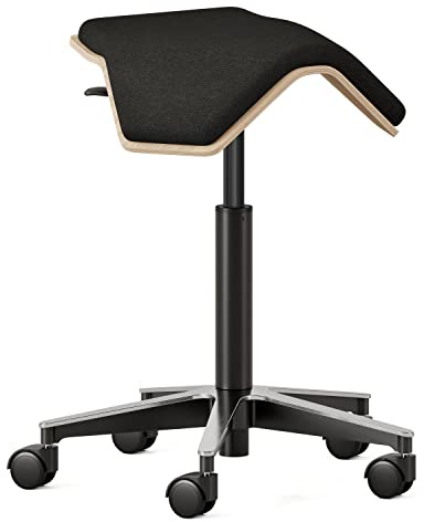 Branch Saddle Chair - Ergonomic Rolling Stool with Birch Plywood Frame and Recycled Seat Fabric - Height Adjustable Saddle Seat for Active Sitting and Better Posture - Black