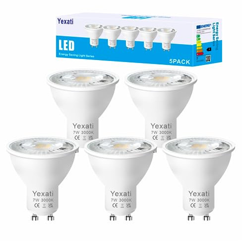 Yexati Bombilla LED GU10,550 lúmenes, 7w(equivalente a 50w Led Halogenos), Blanco Calido 3000k,No Regulable, Paquete de 5