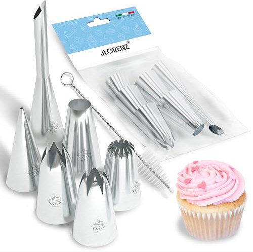 JLORENZ 6 Beccucci Sac a Poche Professionali Grandi in Acciaio Inox 18/10 Ultra Resistenti e Facili da Pulire - Bocchette Sac a Poche per Decorare Torte Dolci Zeppole Cupcakes Biscotti