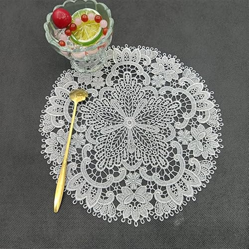 4 Stück Spitze Runde Gestickte Tischläufer, Stickerei Tischset Runde Bestickte Tischmatte Handarbeit Geklöppelt Häkeldeckchen Spitzendeckchen für Küche,Esszimmer Tassen, Getränke,Schalen -Silber