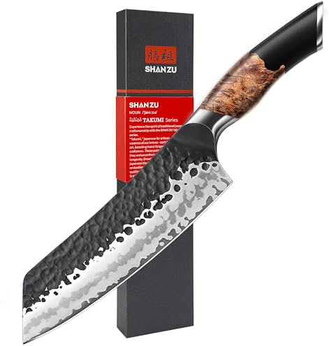SHAN ZU Coltelli da Cucina Forgiato a Mano, Coltello da Santoku 18 cm, Professionali Coltello Giapponese in Acciaio a 7 Strati Coltello Multiuso Affilato in Acciaio Giapponese con Manico in Acero