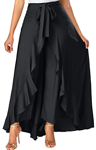 Casual Maxi Skirt for Women UK Long Culottes Skirt Elasticated Waist Skirts Summer Hakama Irregular Leaf Bow Ruffle Elegant with Bowknot Prom Wedding Dance Plus Size Black