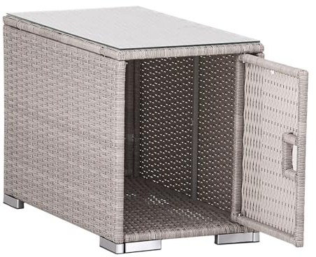 Calma Lux® Soffbord, sidobord, trädgårdsbord, tebord, trädgårdsmöbler, soffbord, balkongbord, terrass, förrådsbord med förvaringsutrymme och glasplatta 75 x 40 x 50 cm, poly rottingglas (beige)