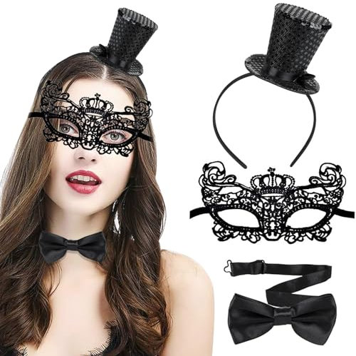 3 Stück Mini Top Hut Haarreif Set, Schwarz Zylinder Haarreif Mit Fliege, Spitzenmaske, Glitzerhut, Karneval Haarschmuck, Kostüm Party für Abschlussball, Halloween