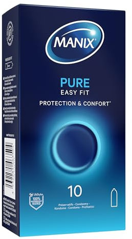 Manix Pure : Boite de 10 Préservatifs Classiques en latex/Préservatifs pour Homme Lubrifiés et Fins de Taille Standard/Largeur Nominale 53mm