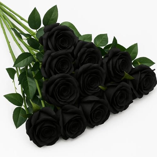 QhgPnt 12 PCS Artificial Roses, Blacks Roses Artificials Flowers, Black Rose Petals, Artificial Flower Art, for Wedding Home Birthday Party Arrangment Garden Decoration (Black)
