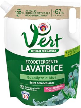 Vert - Ecodetergente Lavatrice - Fragranza Eucalipto e Aloe, 100% Origine Naturale, Funzione Extra Smacchiante, Efficace a Freddo e nei Lavaggi Brevi, Ipoallergenico - Flacone da 1200 ml, 30 Lavaggi