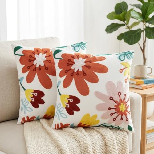 Hopomoon Fundas Cojín 45x45 cm Lote de 2 Bordado Floral Abstracto en Naranja Fundas Decorativas Boho-Chic para Sofá y Salón