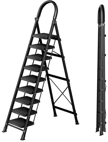 9 Step Folding Ladder,Heavy - Duty Step Stool with Anti - Slip Pedal and Handrails, 330lbs Portable Sturdy Carbon Steel Ladder for Home & Kitchen Use,Black