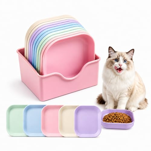 Cat Bowls, 10 Pack Whisker Friendly Cat Dishes and Bowls, Flat Wheat Straw Kitten Bowls for Nervous Indoor Outdoor Cats Plate, Shallow Pet Food and Water Bowls for Wet Food -Pink