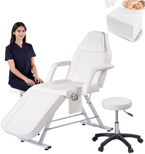 TRIOBLADE Beauty Bed Massage Bed with Stool & Sheets 3 Section Adjustable Massage Table Tattoo Chair with Removable Armrests Headrest Salon Lash Table for Spa Salon (White)