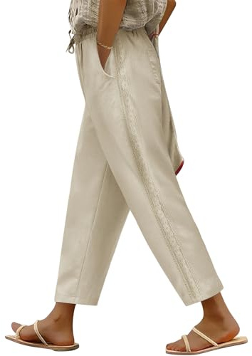 PASUDA Pantalon Femme Été 7/8 Pantacourt Taille Haute Elastique Pantalons Coton Ample Droit Décontractée Fluide Léger Palazzo Pants Chic et Elegant Plage avec Cordon Poches(Kaki,M)