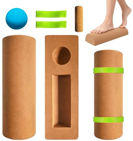 BRGD Tabla de Equilibrio de Corcho 4 en 1, Corcho Tronco Propioceptivo con Bloques, Rodillo, Pelota de Fascia y Bandas para Equilibrio, Estabilidad y Fuerza en los Pies
