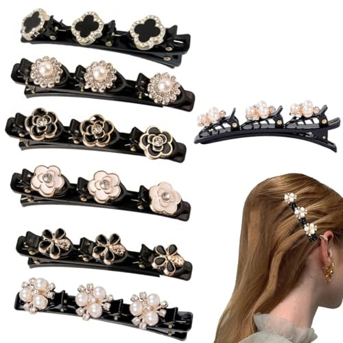Juego de 6 Horquillas Elegantes para el Pelo con Cristal y Cuentas Decorativas, Pinzas para el Cabello Trenzado y Lateral, Horquilla de Doble Capa para Mujeres, Accesorios de Moda para el Pelo