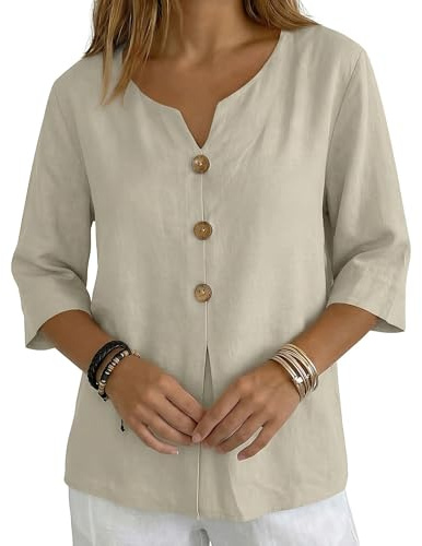 Cotton Linen Tops for Women, Women’s Button Down Shirt 3/4 Sleeve Blouse Casual Loose Fit Solid Colour Top Lightweight Summer Ladies Shirt, Casual Boho Style