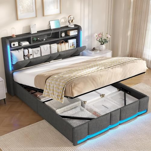 AOGLLATI Camas Matrimoniales 140x190, Estructura Cama Canape, Gris Oscuro | Diseño Hidráulico, Iluminación a LED Regolabile, Cabecero Tapizado, Espacio de Almacenamiento, Estación de Carga Multipla
