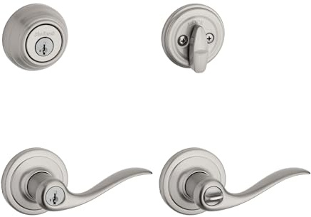 Kwikset 991 Tustin Entry Lever and Single Cylinder Deadbolt Combo Pack featuring SmartKey in Satin Nickel, Model Number: 99910-040