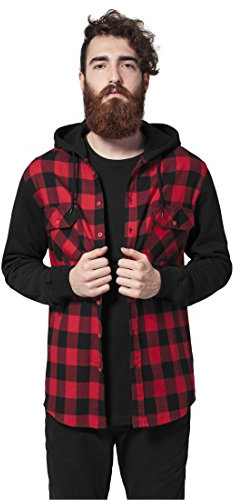 URBAN CLASSICS Camicia da Uomo in Flanella a Quadri, Maniche Lunghe e Cappuccio, Stile Casual da Boscaiolo, Colore blk/red/bl, Taglia XL