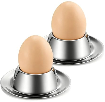 Flexzion Flexzion Egg Cups for Soft Boiled Eggs - Set of 2 Stainless Steel Egg Cup - Stackable Hard Boiled Egg Holder with Base for Serving, Breakfast, Brunch