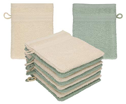 Betz 10 Stück Waschhandschuhe Waschlappen Set Premium 100% Baumwolle 16x21 cm Farbe Sand - heugrün