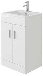 VeeBath VUMW50 Sphinx High Gloss White Free Standing Basin Vanity Cabinet Unit with 2 Swing Doors and Rectangular Sink-500mm (Flat Pack)