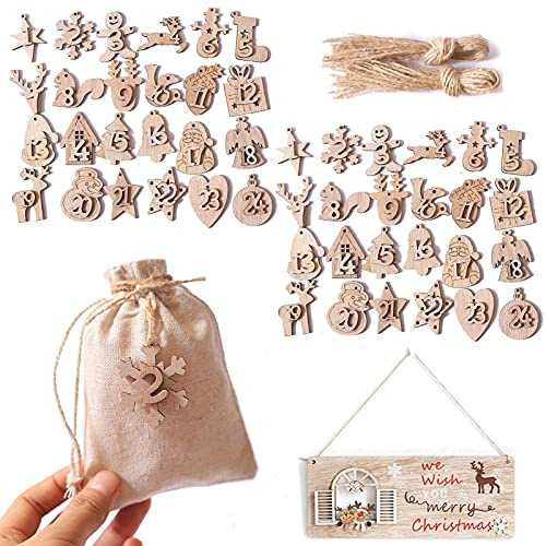 DAHI Lot de 2 sets de chiffres en bois pour calendrier de l'Avent - Numéro 1 à 24 - Bricolage de Noël (couleur naturelle)