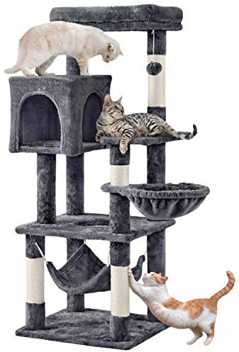 Yaheetech 130.5cm Cat Tree Cat Tower with Large Top Perch＆Condo Climbing Play Center w/Scratching Posts/Basket/Hammock Dark Grey