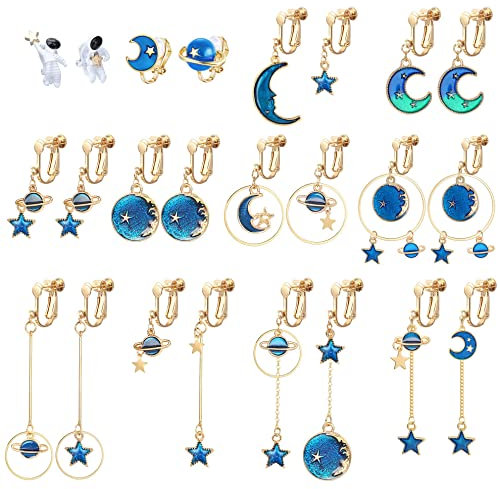 YADOCA 12 Paar Clip Ohrringe Damen Mädchen Stern Mond Ohrring Asymmetrisch Baumeln Ohrring Hypoallergen Ohrclips Ohne Ohrlöcher Klips Ohrringe Set Blau Rosa