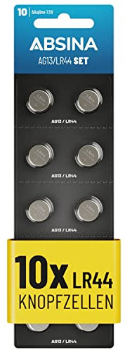 ABSINA AG13 LR44 Knopfzelle 10er Pack - 1,5V Alkaline Knopfzellen auslaufsicher & mit Langer Haltbarkeit - LR1154 / L1154 / L1154F / G13 / G13A / 13GA / 157 / V13GA / PX76A / RW82 - Knopfbatterien