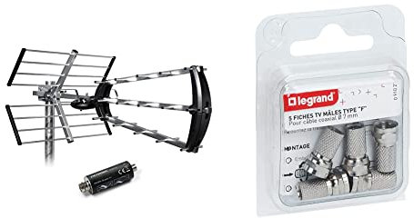 Metronic 415054 Antenne d'extérieur trinappe 26 DB + Filtre 694 MHz Gris & Legrand - Fiche mâle télévision coaxiale x5 - Type F