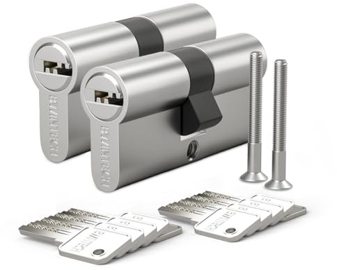 Bwintech Lot de 2 cœurs en laiton européen avec clé, serrure 60 mm avec 10 touches horizontales, anti-collecte, anti-collision, finition nickel satiné