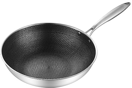 Wok in Acciaio Inossidabile,Padella Wok Antiaderente con Coperchio, Doppia Faccia a Nido D'ape a 3 Strati Per Evitare Che Si Attacchi alla Padella, Padella Wok da Cucina(34cm (with lid and ears))