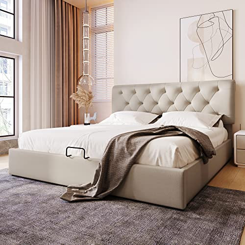 Oyemige Hydraulisch Polsterbett 160x200cm,Verstellbares Kopfteil Doppelbett, Bett mit Lattenrost aus Metallrahmen, Modernes Bettgestell mit Stauraum,ohne Matratze (160X200CM-ohne Matratze)