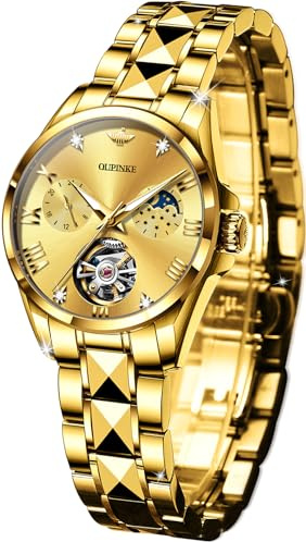 OUPINKE Women Automatic Watches Luxury Diamond Flywheel Two-Tone Stainless Tungsten Steel Band Moon Phase 24 Hours