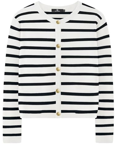 LILLUSORY Women's Striped Cardigan Sweaters Fall Outfits Clothes Fashion Trendy Long Sleeve Tops Casual Knit Lady Jackets White Black M