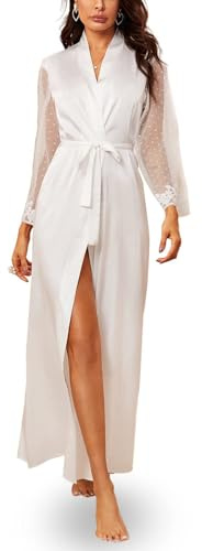 ROSVAJFY Vestaglia Kimono Donna Raso Lungo Donna Sexy Kimono Abito da Nott Seta Accappatoio da Sposa Damigella d'Onore Pizzo Vestaglia Lingerie Camicia da Notte con Cintura (Bianco)