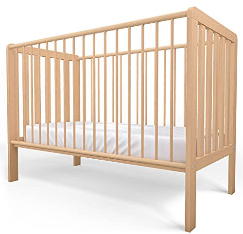 Staboos Baby Bett - Massivholz Kinderbett 70x140cm - 100% Buchenholz Babybett Natur - Gitterbett inkl. höhenverstellbarem Lattenrost - Made in EU