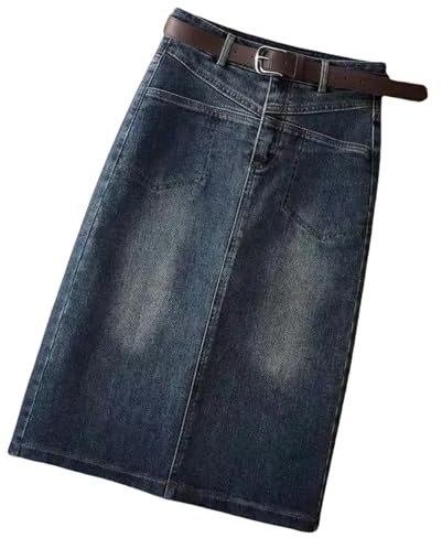 MONDSKL Gonna di Jeans Gonna in Denim Femminile con Tasche Zip al Ginocchio A Vita Alta Skinny-Blu (Senza Cintura)-XL