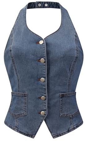Allegra K Denim Vest for Women's Halter Neck Button Down Backless Jean Waistcoat Gray Blue M
