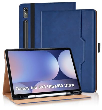 Vkooer Coque pour Samsung Galaxy Tab S10 / S9 Ultra 14,6 Pouces (2024/2023) et emplacements pour Documents, Housse de Protection Folio en Cuir PU de qualité supérieure avec Support,Bleu