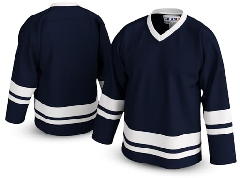 UNLC Classic Blank Hockey Jersey with Stripes – Authentic Stitched, Breathable Mesh and Durable Polyester, Navy Blue, 2X-Large